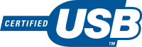 Logo with white capitals reading "Certified USB" on a light blue background in the shape of a USB connector.}}