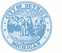 Light blue seal with two women, "THE CITY OF DETROIT", "MICHIGAN", and the city motto in Latin