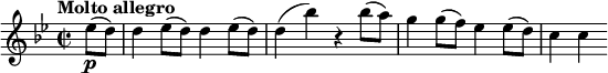 
\relative c'' {
 \key g \minor
 \tempo "Molto allegro"
 \time 2/2
 \set Staff.midiInstrument = #"violin"
 \set Score.tempoHideNote = ##t \tempo 2 = 105
 \partial 4 es8(\p d) |
 d4 es8( d) d4 es8( d) |
 d4( bes') r bes8( a) |
 g4 g8( f) es4 es8( d) |
 c4 c
}
