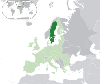 موقع السويد (بالأخضر الداكن)، في أوروپا (بالرمادي الداكن)، ومجلس بلدان الشمال (بالأزرق) والاتحاد الأوروپي (بالأخضر الفاتح)