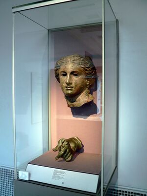 Head and left hand from a bronze cult statue of Anahita, a local goddess shown here in the guide of Aphrodite, 200-100 BC, British Museum (8167358544).jpg