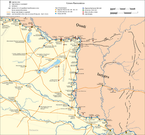 Map showing the Roman border along the Danube with towns, forts and roads. It stretches from Vindobona (modern Vienna) in the north through Aquincum (Budapest) in the centre to Colonia Singidunum (Belgrade) in the south. The later Roman walls of the Limes Sarmatiae are marked on the eastern side of the Danube in the territory of the Iazyges.