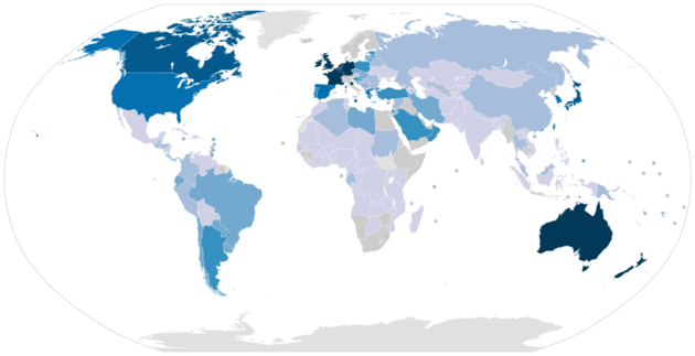 World map, countries colored in different shades of blue by minimum wage