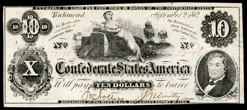 In the US, Ceres appears on several CSA banknotes. On this $10 note she reclines on a cotton bale holding a caduceus. Cropped image from National Numismatic Collection, National Museum of American History.