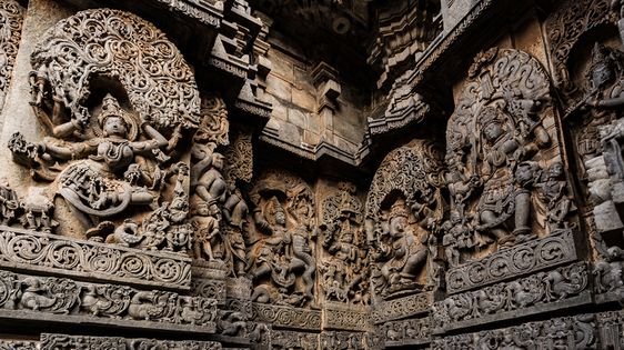 Exterior wall reliefs at Hoysaleswara Temple. The temple was twice sacked and plundered by the Delhi Sultanate.[12]