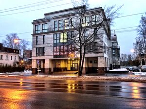 Four story office building in winter