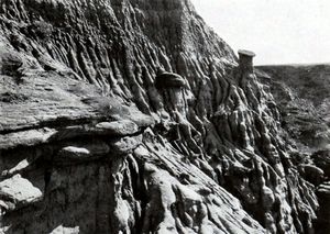 Photograph in black and white of rugged, fissured cliff face