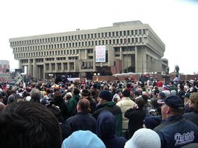 Boston City Hall during the 2004 rally for the New England Patriots