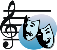 Treble clef overlaid with a bluish ellipse bearing the tragedy and comedy masks of the theater