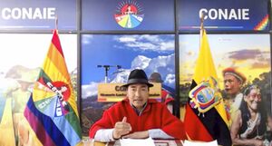 A man in a fedora and poncho, seated in front of logos for CONAIE and the flags of CONAIE and Ecuador