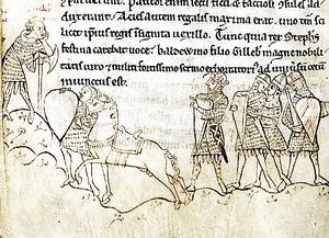 A medieval manuscript and ink picture of King Stephen at the Battle of Lincoln