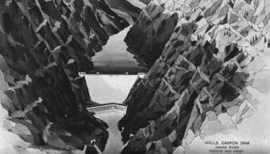 Black and white sketch of a proposed dam project in a steep river canyon