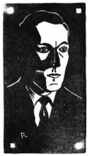 A linocut portrait of H. P. Lovecraft, facing right