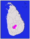 Area map of Nuwara Eliya District, located immediately south of the middle of the country and running roughly south west to north east, in the Central Province of Sri Lanka