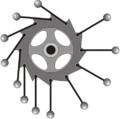 The "Overbalanced Wheel". It was thought that the metal balls on the right side would turn the wheel because of the longer lever arm, but since the left side had more balls than the right side, the torque was balanced and the perpetual movement could not be achieved.