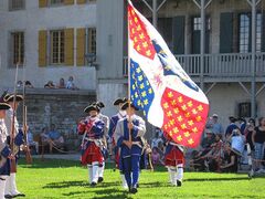 The pre-revolutionary regimental flags inspired the flag of Quebec (here, the Compagnies Franches de la Marinecode: fr is deprecated ).