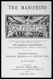 Left: the cover of the Socialist League's manifesto of 1885 featured art by Morris. Right: detail of Woodpecker tapestry, 1885.