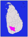 Area map of Ratnapura District, some distance from the south western coast with its western and southern borders converging towards the north west, in the Sabaragamuwa Province of Sri Lanka