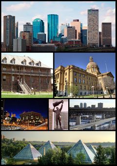 من أعلى اليسار: وسط إدمونتون، Fort Edmonton Park, Legislature Building, Law Courts, Rexall Place, High Level Bridge, Muttart Conservatory