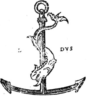 A picture of a dolphin wrapped around an anchor, which was Manutius's imprint.