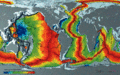 Age of oceanic crust. The red is most recent, and blue is the oldest.