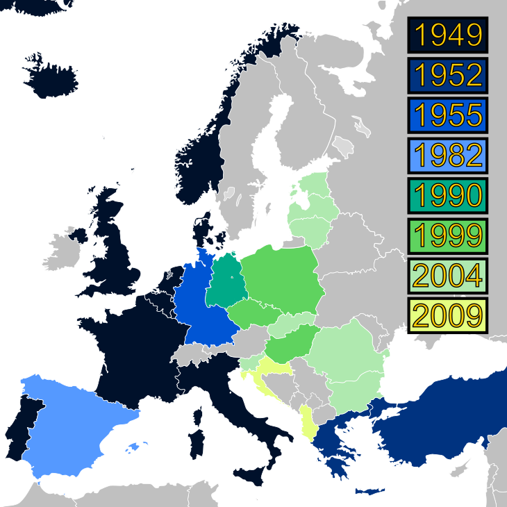 A map of Europe with eight colors that refer to the year different countries joined the alliance.