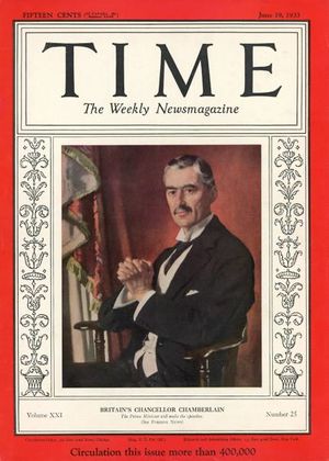 A magazine cover depicting British Chancellor Neville Chamberlain