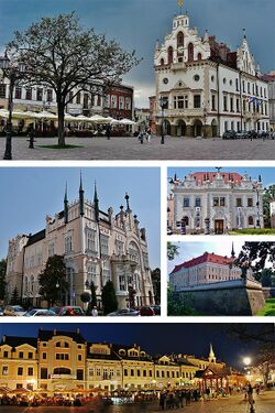 Left to right: Rzeszów City Hall Regional Financial Center Siemiaszkowa Theater Rzeszów Castle Night view of the Main Market Square