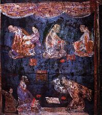 A mural from a Han Dynasty tomb painted with both أزرق الهان وأرجواني الهان