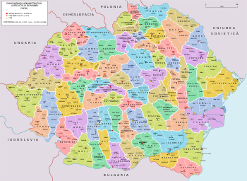 Colored map showing the territory of Romania and its division into 71 counties before the World War II.