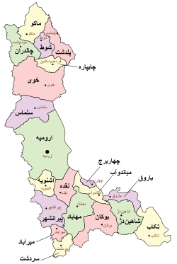 Location of Naqadeh County in West Azerbaijan province (center left, pink)