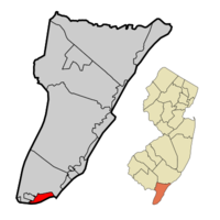 Cape May City highlighted in Cape May County. Inset map: Cape May County highlighted in the State of New Jersey.