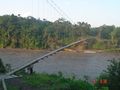 A suspension bridge with a distinctly arched deck