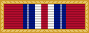 Width-44 Old Glory red ribbon surrounded by gold frame. The ribbon has a central width-3 Old Glory red stripe flanked by pairs of stripes that are respectively width-3 white, width-3 ultramarine blue, width one-half white and width-2 ultramarine blue.