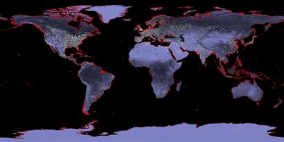 A map showing major SLR impact in south-east Asia, Northern Europe and the East Coast of the US