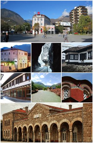 From top (left to right): Peć city center, Zenel Beg Tower (Kulla), Rugova Canyon, Ethnological Museum, Old Bazaar, Bistrica River, Patriarchal Monastery of Peć and the train station of Peć.