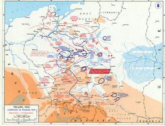 Map showing the advance made by the Germans and the disposition of German and Polish troops on 14 September 1939.