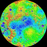 Northern hemisphere topography from MLA data shows a 10 km vertical range: high (red); low (purple).