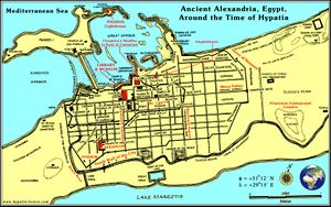 خريطة الإسكندرية القديمة، توضح مدينة الإسكندرية مصر ، رسمت في زمن الفيلسوفة هيپاتيا (380 - 415).