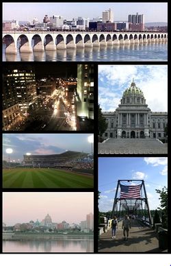 من أعلى لأسفل، ومن اليسار لليمين: خط أفق هارِس‌برگ؛ Market Square in Downtown Harrisburg; Pennsylvania State Capitol; FNB Field; Walnut Street Bridge; نهر سسكويهانا