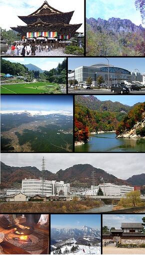 From top of left, Zenkoji, Mount Togakushi, Kinasa village, Nagano Big Hat arena, Aerial in Kawanakajima, Oku-Subana Valley, headquarters of Marukome (famous miso manufacturing company) in Nagano, Oyaki Japanese sweets, Togakushi ski resort, and Matsushiro Castle