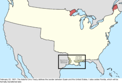 Map of the change to the international disputes involving the United States in central North America on February 22, 1821