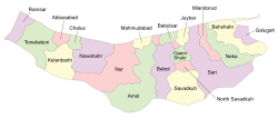 Location of Amol County in Mazandaran province (center, green)