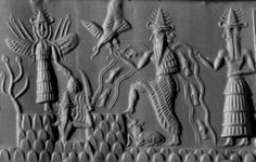 Detail of a cylinder seal from Sippar (2300 BC) depicting Shamash with rays rising from his shoulders and holding a saw-toothed knife with which he cuts his way through the mountains of the east at dawn (British Museum)