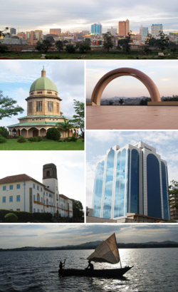 Counter-clockwise from top: Panoramic view of central Kampara, Bahá'i Temple, Makerere University, panoramic view of Lake Victoria, Kampara Worker's House, Gaddafi National Mosque