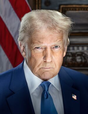 Official White House presidential portrait. Head shot of Trump smiling in front of the U.S. flag, wearing a dark blue suit jacket with American flag lapel pin, white shirt, and light blue necktie.