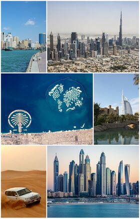 From top, left to right: Dubai Creek, Dubai's skyline, The World Islands, Burj Al Arab, dune bashing, and Dubai Marina