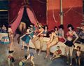 لوحة السيرك في الصباح ، رسمت عام 1953 بألوان زيتية على سيلوتكس – ارتفاعها 51 سم وطولها 65 سم – وهي من مجموعة معهد أدهم وانلي بالإسكندرية - إنها تعبر عن فترة الراحة للراقصات بعد تدريب عنيف.