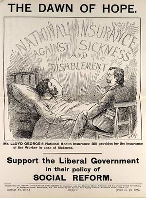 Leaflet, titled "Dawn of hope," showing a sick man being attended to by a doctor, with the caption "Support the Liberal government in their policy of social reform".