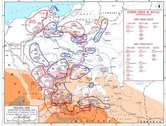 Map showing the dispositions of the opposing forces on 31 August 1939, with the German plan of attack overlaid in pink.